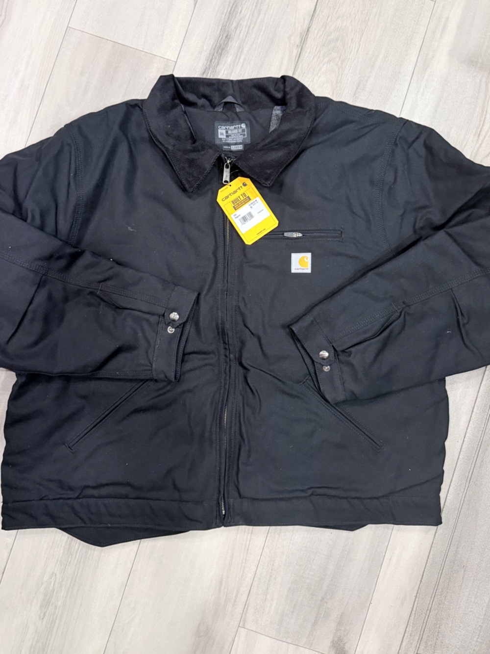 Carhartt Black Zip Work Jacket with Striped Inner Lining